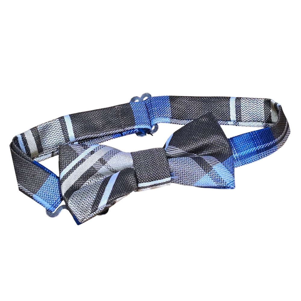 Kids Plaid‎ Bow Tie Blue Grey White Adjustable Pre-Tied Formal Accessory